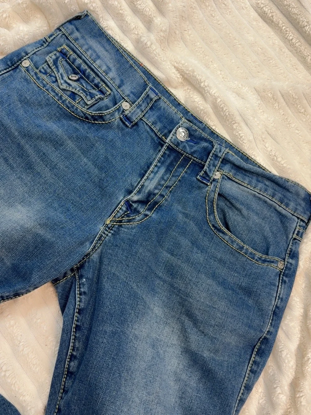 True Religion Men's Light Blue Denim Jeans with Signature Pocket Stitch